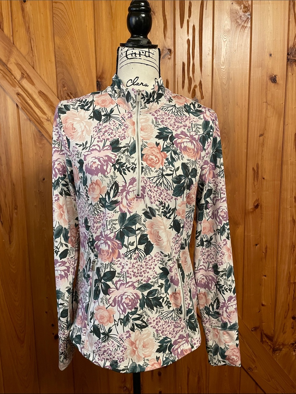 Laura Ashley Mock Neck Floral Zip-Front Long Sleeve Pullover - Pink Multi
